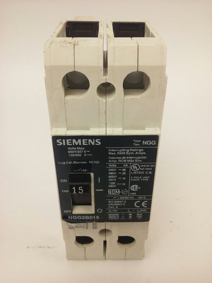 SIEMENS, NGG2B015, TYPE NGG CIRCUIT BREAKER, 2P, 15A, 600VAC/250VDC, 65KA, USED