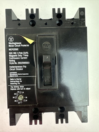 WESTINGHOUSE MCP0358C MOTOR CIRCUIT PROTECTOR 3P 7A 600VAC TRIP RANGE 18-58