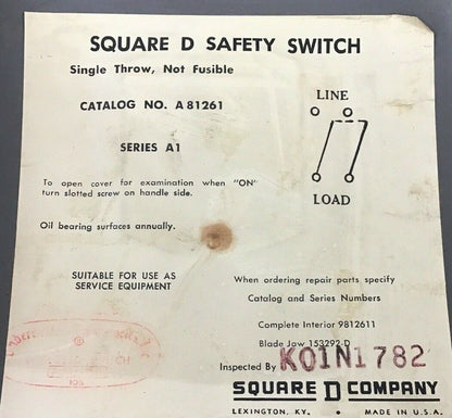 SQUARE D A81261 30AMP 600VDC 15HP 1PH SER.A1 NON FUSIBLE SAFTEY SWITCH