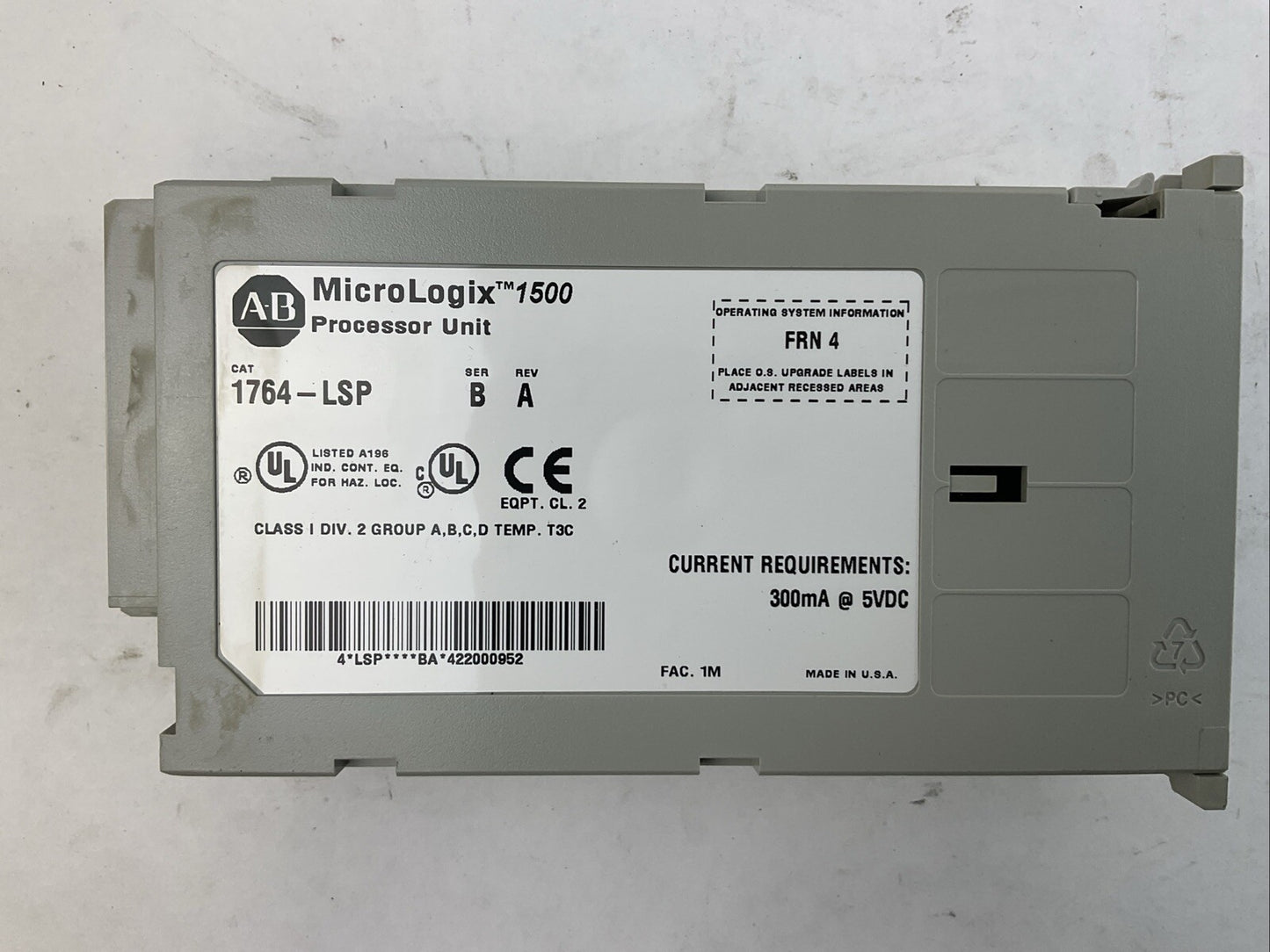 ALLEN BRADLEY 1764-LSP SER B REV A FRN 4 MICROLOGIX 1500 PROCESSOR UNIT 5VDC