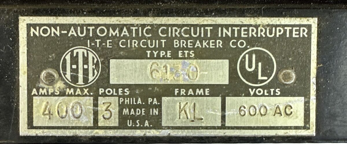 ITE ET6130 NON-AUTOMATIC CIRCUIT INTERUPTER 600VAC 3POLE 400A KL FRAME