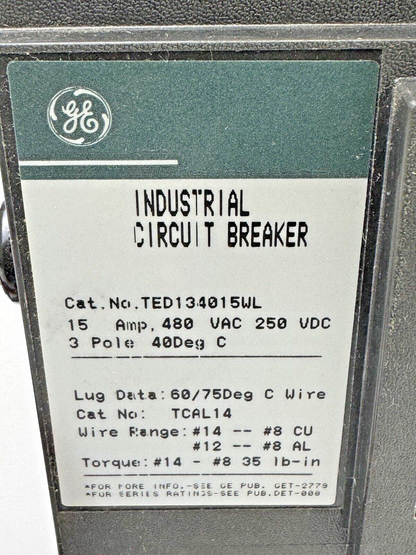 GE - TED134015 - IND. CIRCUIT BREAKER W/ AUX SWITCH - 15A, 480 VDC, 3 POLE - NEW