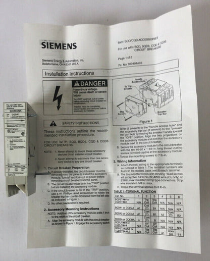 SIEMENS CQDA1 AUXILIARY SWITCH 250 VDC 60HZ 15 AMP