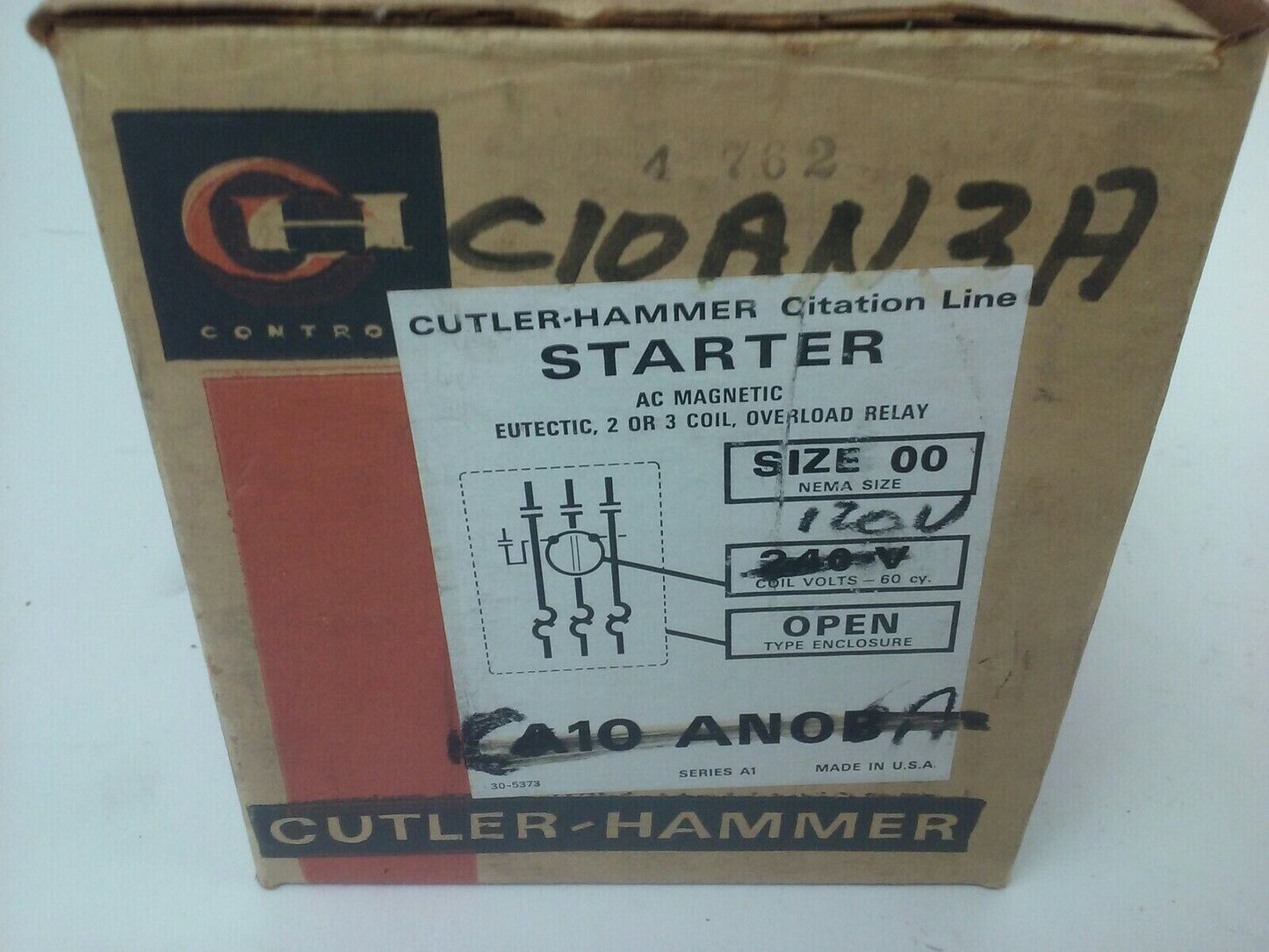 CUTLER HAMMER C10AG3 SER.A1 CONTACTOR 3PH 575V 9A 2HP SIZE 00 120V COIL