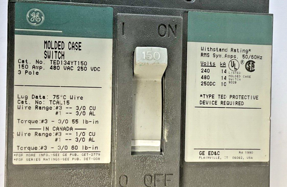 GE TED134YT150 CIRCUIT BREAKER 150A 480VAC 250VDC 3POLE WITHOUT TRIP