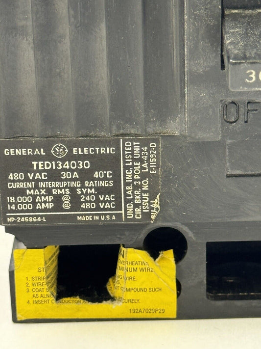 GE - TED134030 - INDUSTRIAL CIRCUIT BREAKER - 3 POLE/480 VAC/30A