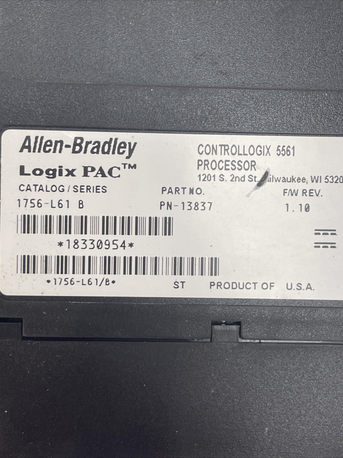 ALLEN BRADLEY 1756-L61 LOGIX PAC SER B CONTROLLOGIX 5561 PROCESSOR F/W REV 1.10