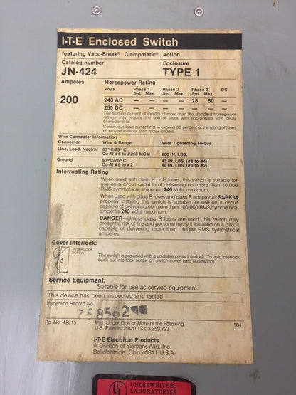 ITE JN424 VACU-BREAK SWITCH WITH CLAMPMATIC CONTACTS 200 AMPS 240 VAC 3 PHASE