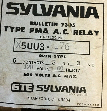 SYLVANIA 5UU3-76 PMA  A.C.RELAY 6 CONT. 120V 60HZ 3N.O./33N.C. 600VAC