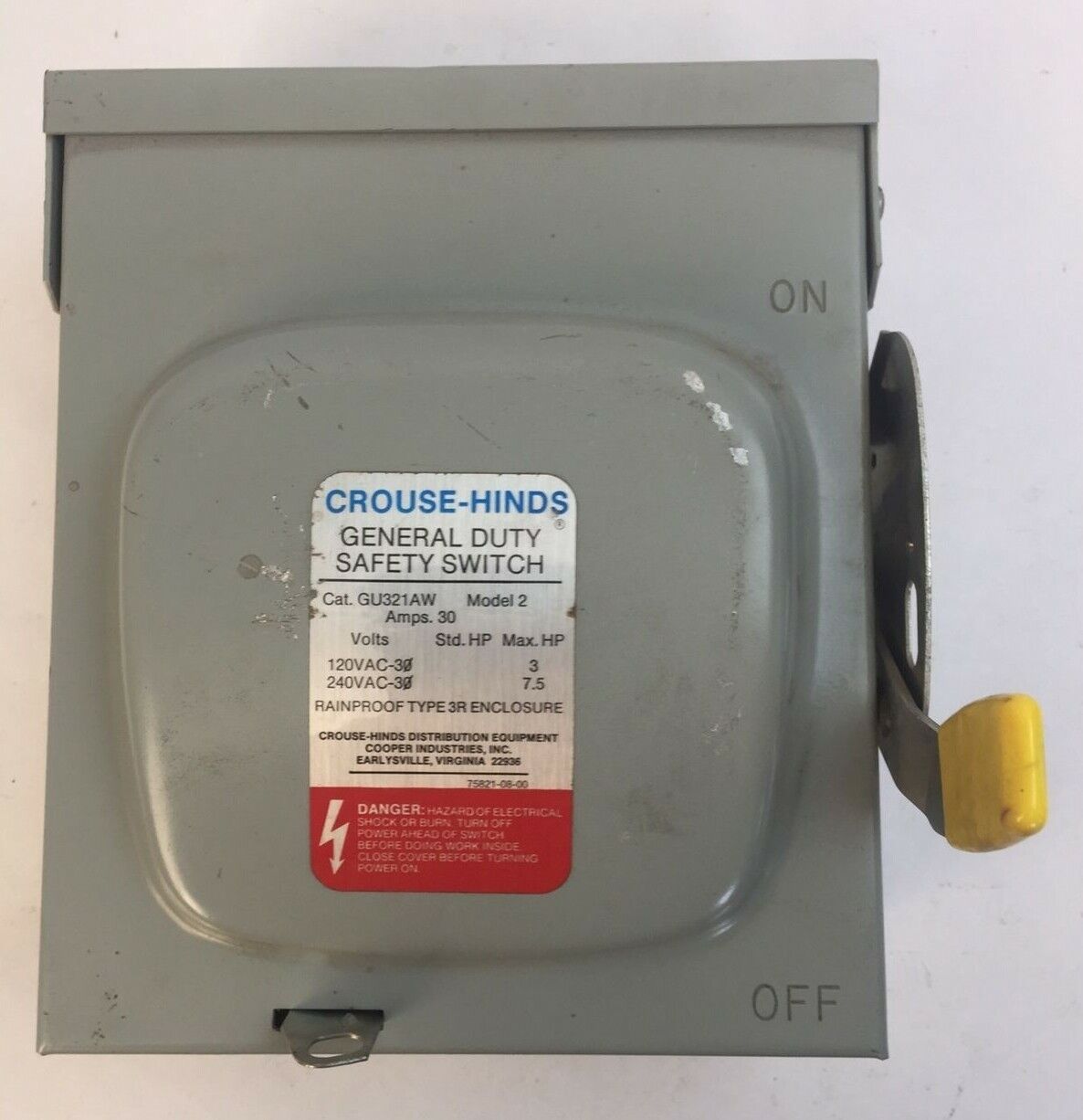 CROUSE-HINDS GU321AW SAFETY SWITCH MODEL 2 30A 240VAC 7.5HP 3P RAINPROOF TYPE 3R