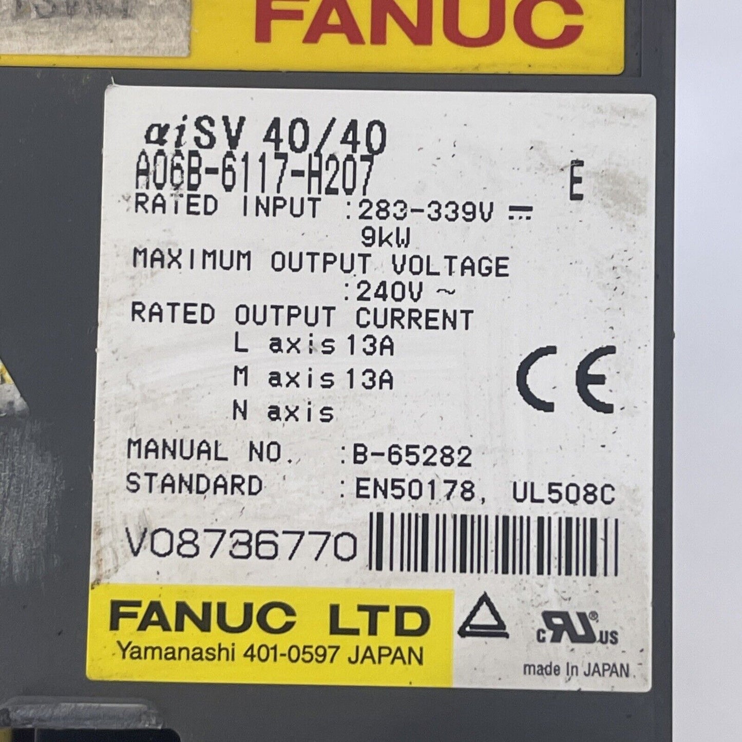 FANUC A06B-6117-H207 SERVO AMPLIFIER INPUT 283-339VDC OUTPUT 240VAC 13A