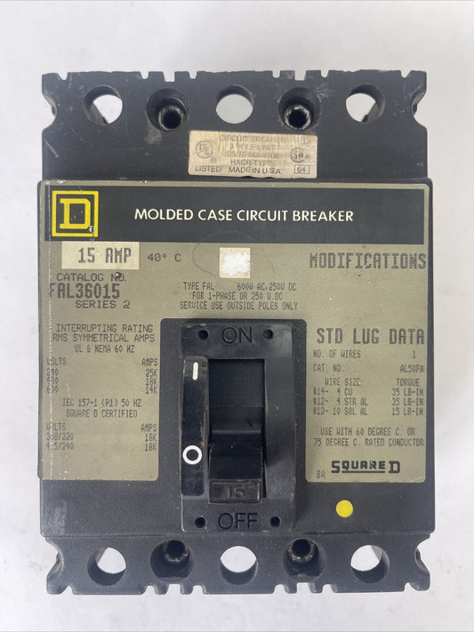 SQUARE D FAL36015 CIRCUIT BREAKER SERIES 2 600VAC 250VDC 15AMP 3POLE