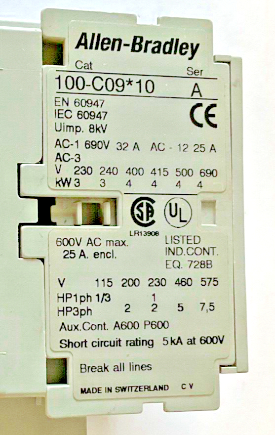 ALLEN BRADLEY 100-C09*10 CONTACTOR SER.A W/ 100-S AUX CONTACT SER.A