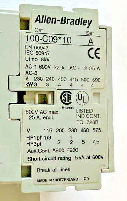ALLEN BRADLEY 100-C09*10 CONTACTOR SER.A W/ 100-S AUX CONTACT SER.A