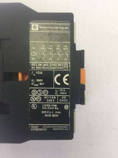 TELEMECANIQUE CA3 DN 40 CONTACTOR 600VAC 10A COIL 24VDC