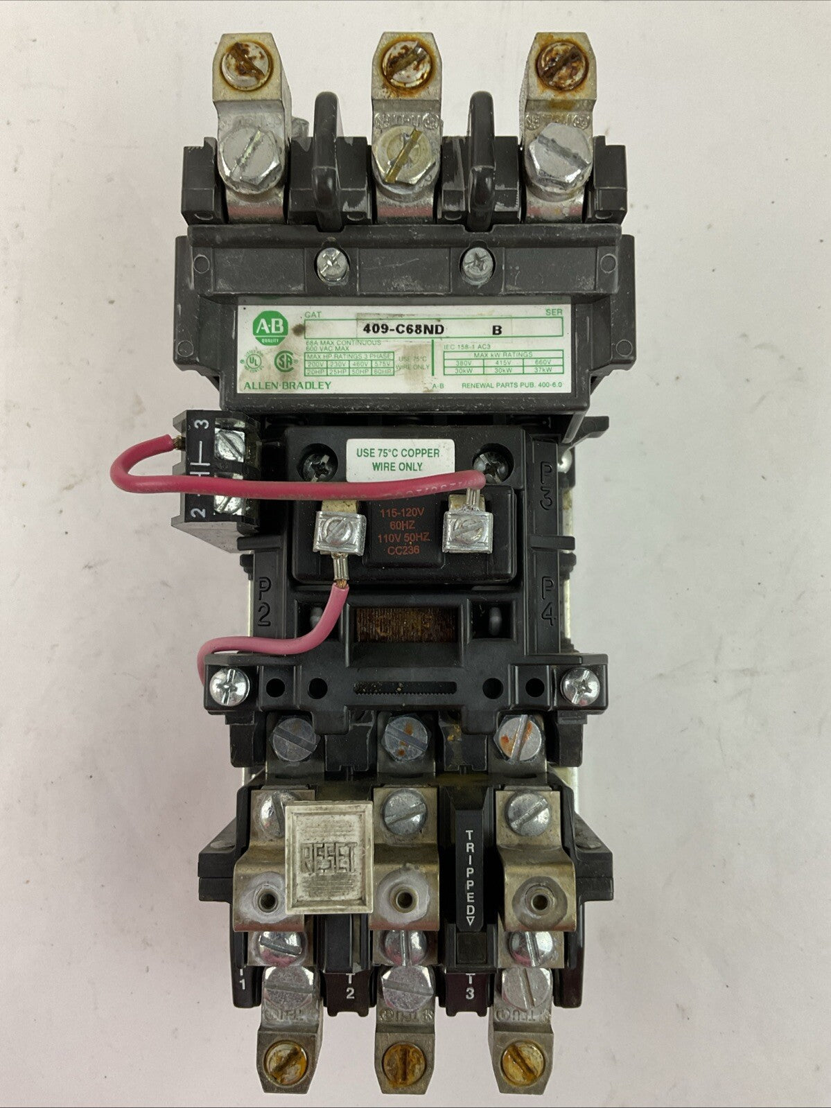 ALLEN BRADLEY 409-C38ND SER B STARTER 68A 600VAC 3PH 60HP COIL 115-120V W72 HEAT