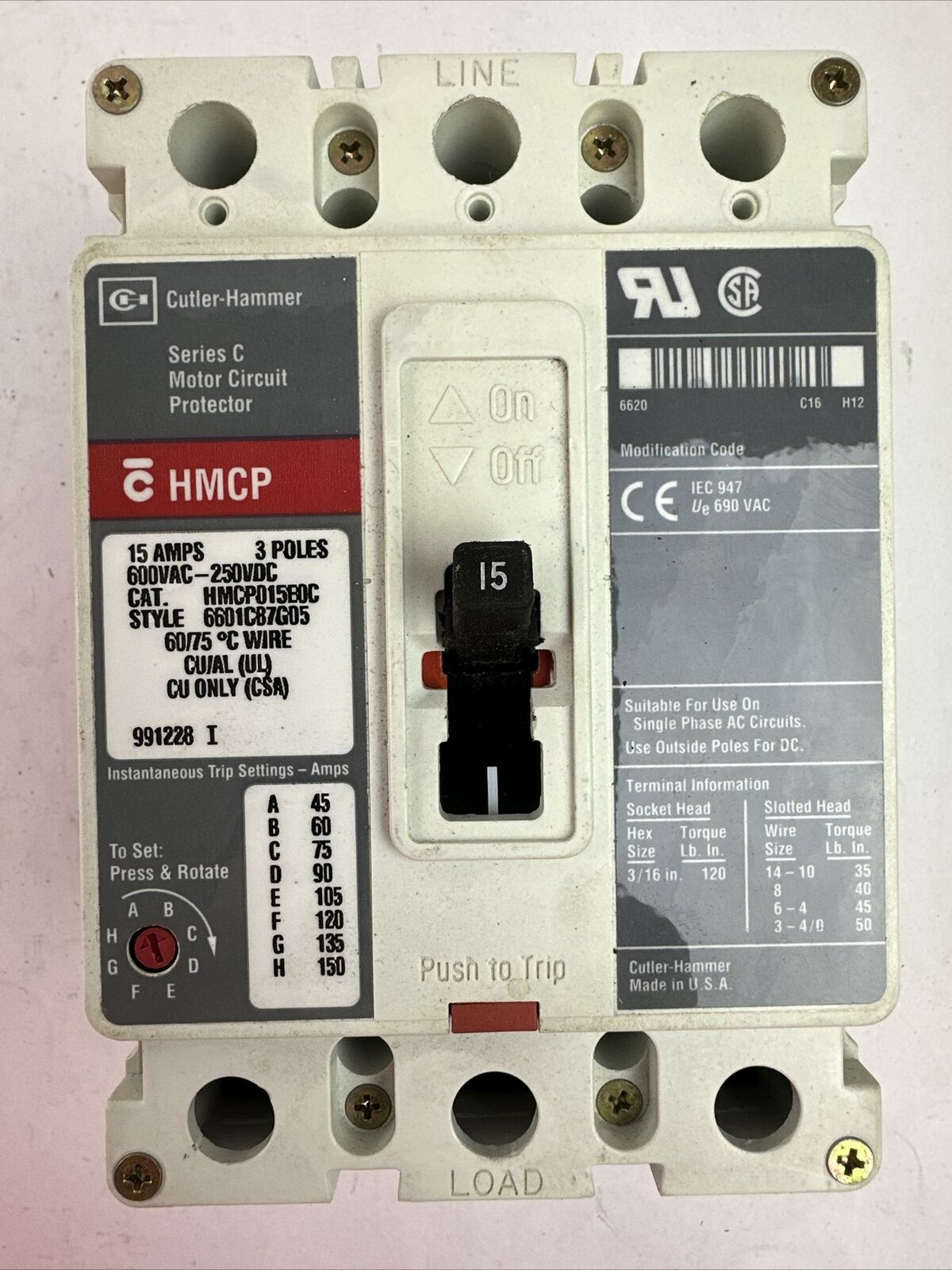 CUTLER HAMMER HMCP015E0C SER C 3P 15AMP 600VAC 250VDC 6601C87G05 MOTOR CIRCUIT