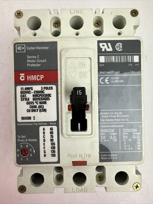 CUTLER HAMMER HMCP015E0C SER C 3P 15AMP 600VAC 250VDC 6601C87G05 MOTOR CIRCUIT