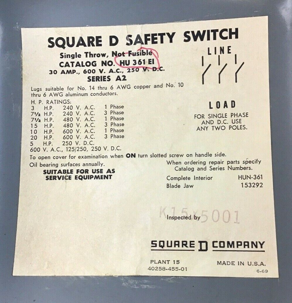 SQUARE D HU 361 EI SAFETY SWITCH 30A 600VAC 250VDC SER.A2