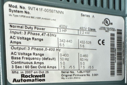 ROCKWELL AUTOMATION VTAC 9 HVAC DRIVE 9V241HRNB30 S7-640A-V9-2 460VAC 2HP 3PH