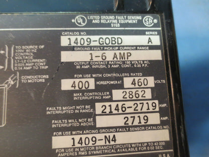 ALLEN-BRADLEY 1409-GOBD ARCING GROUND FAULT RELAY, Ser. A