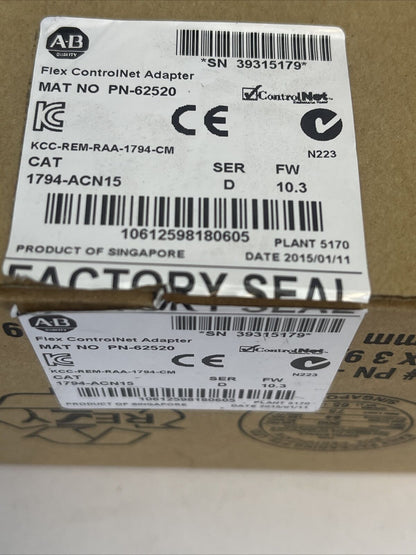 ALLEN BRADLEY 1794-ACN15 SER D FW 10.3 FLEX CONTROLNET ADAPTOR OUTPUT 5VDC