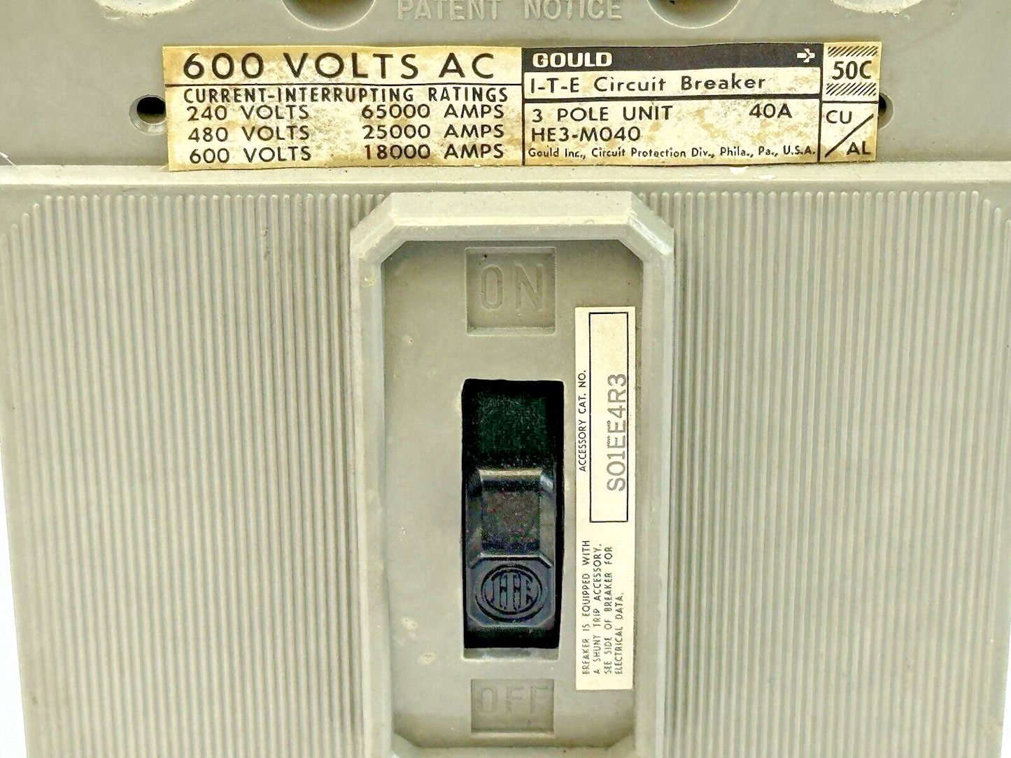 GOULD - HE3M040 - CIRCUIT BREAKER - 40A/3 POLE/600VAC & S01EE4R3 SHUNT TRIP