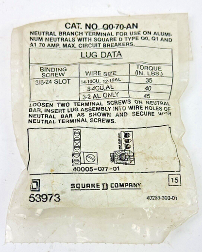 SQUARE D - Q0-70-AN - NEUTRAL BRANCH TERMINAL FOR USE ON ALUMINUM- NEW OLD STOCK