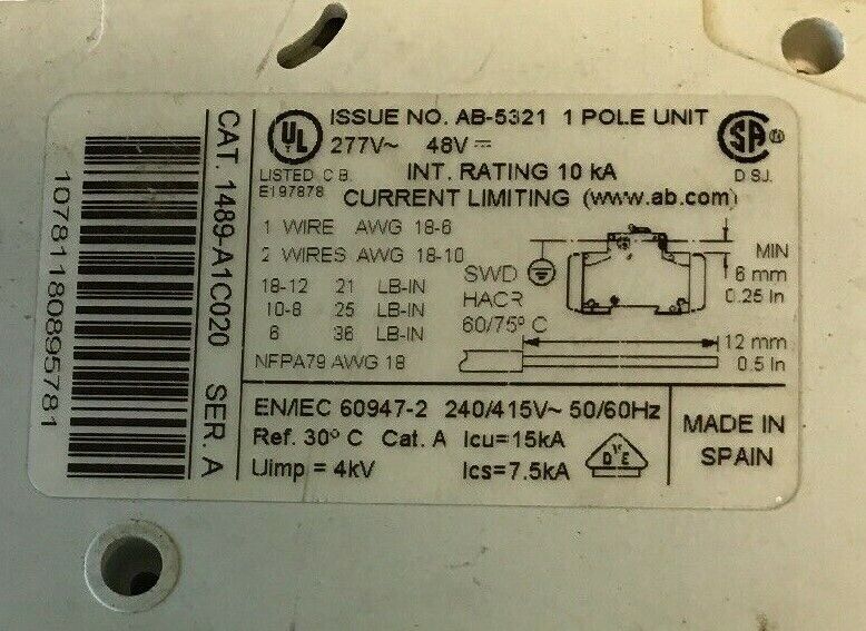 ALLEN BRADLEY 1489-A1C020 SER.A  2A 277VAC/48VDC 1POLE CIRCUIT BREAKER (LOTOF 3)