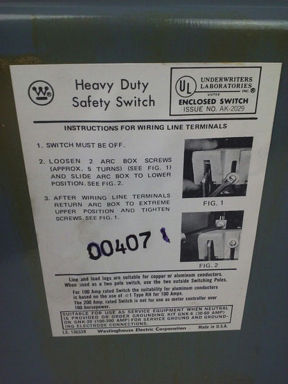 WESTINGHOUSE HU324 NON FUSIBLE SAFETY SWITCH 3P, 200A, 240V, NEMA 1 INDOOR, 50HP