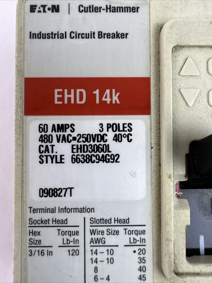 EATON CUTLER HAMMER EHD3060L 60AMP 480VAC 250VDC 3P INDUSTRIAL CIRCUIT BREAKER