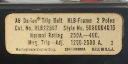 WESTINGHOUSE HLB2250T AB TRIP UNIT 250AMP 2POLE INST TRIP 1250-2500A 5680D04G15