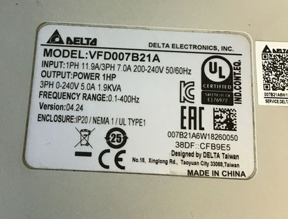 DELTA VFD007B21A AC DRIVE 240V 50/60HZ 1HP VER:04.24