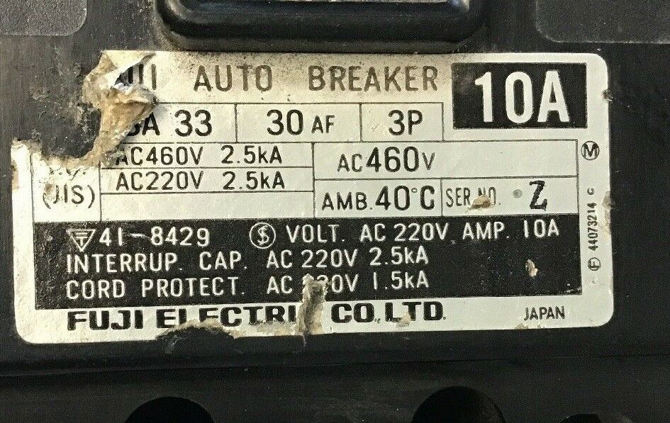 FUJI AUTO BREAKER SA33 SER.Z 10AMP CIRCUIT BREAKER 460VAC