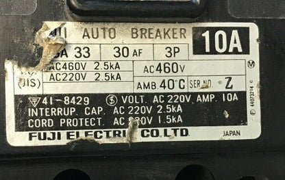 FUJI AUTO BREAKER SA33 SER.Z 10AMP CIRCUIT BREAKER 460VAC