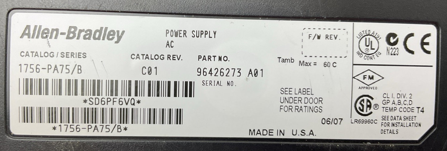 ALLEN-BRADLEY 1756-PA75 SER B CAT REV C01 POWER SUPPLY AC