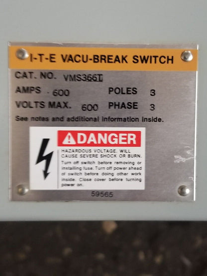 ITE SIEMENS VMS VMS366T 600 AMP 600V FUSIBLE PANEL PANELBOARD SWITCH