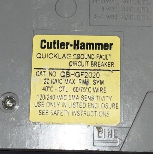 CUTLER HAMMER QBHGF2020 CIRCUIT BREAKER 120/240VAC 2POLE
