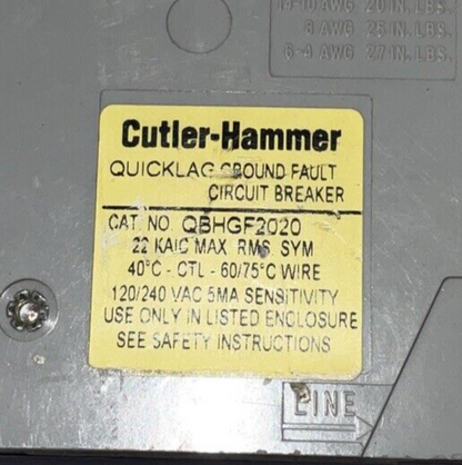 CUTLER HAMMER QBHGF2020 CIRCUIT BREAKER 120/240VAC 2POLE