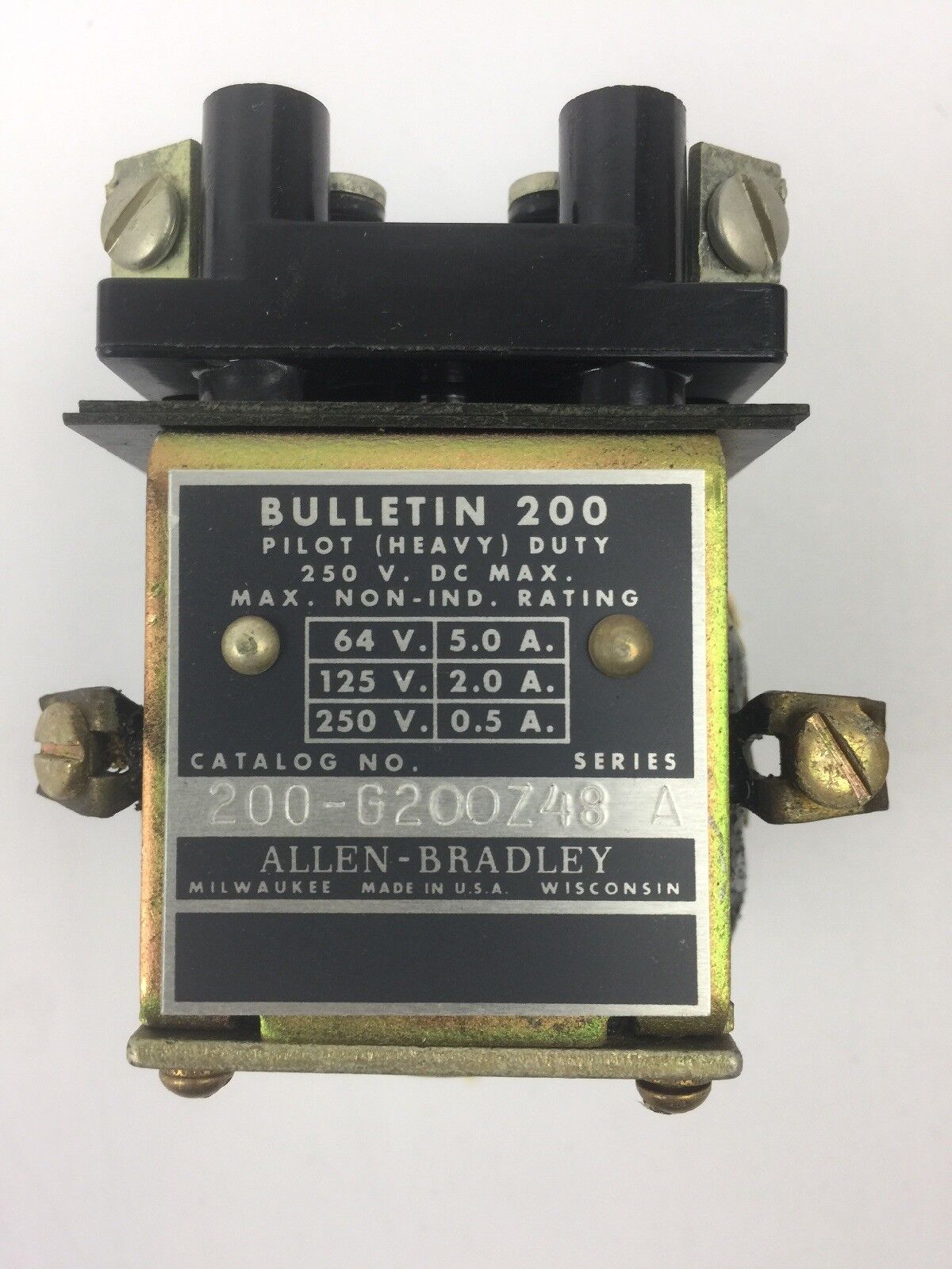 ALLEN BRADLEY 200-G200Z48 TYPE G DC RELAY 250VDC 0.5A 125V 2.0A 64V 5.0A