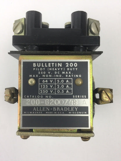 ALLEN BRADLEY 200-G200Z48 TYPE G DC RELAY 250VDC 0.5A 125V 2.0A 64V 5.0A