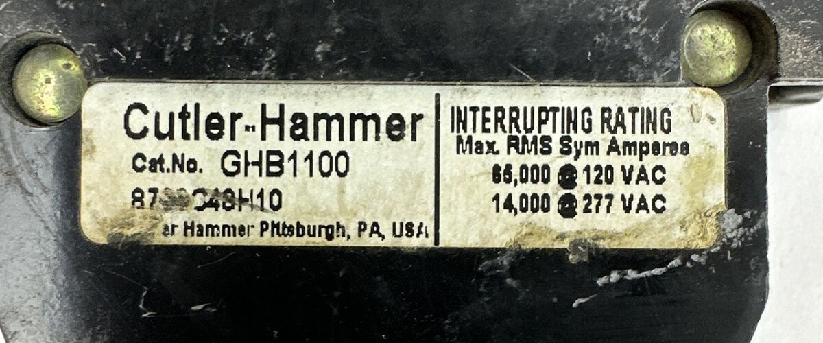 CUTLER HAMMER GHB1100 CIRCUIT BREAKER 100AMP 1POLE 277VAC MISSING SCREW FOR LUG