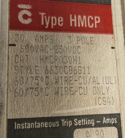 CUTLER HAMMER HMCP030H1 CIRCUIT BREAKER 30A 3POLE 240VAC