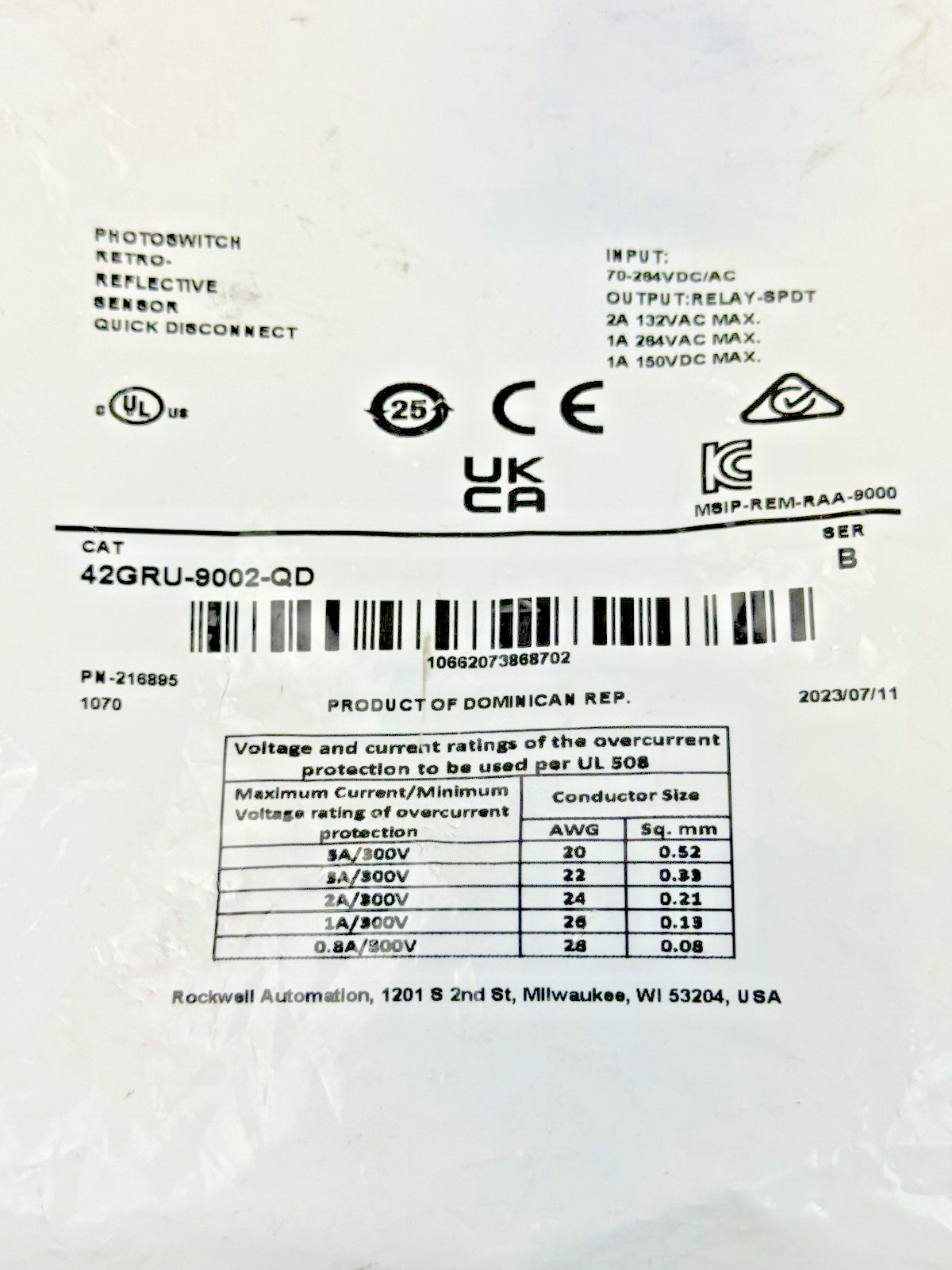 ALLEN-BRADLEY - 42GRU-9002-QD SER. B - PHOTOSWITCH RETRO-REFLECTIVE SENSOR