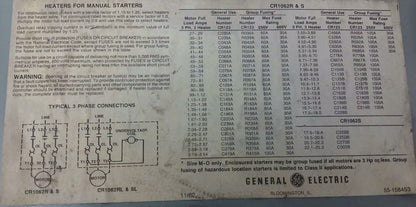 GE CR1062R41L MANUEL STARTER, F-50E 3P FUSE FREE BREAKER, 15A, 600V, 10KA, PARTS