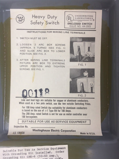 WESTINGHOUSE JHU221 HEAVY DUTY SAFETY SWITCH 240 VAC 250 VDC 30 AMP
