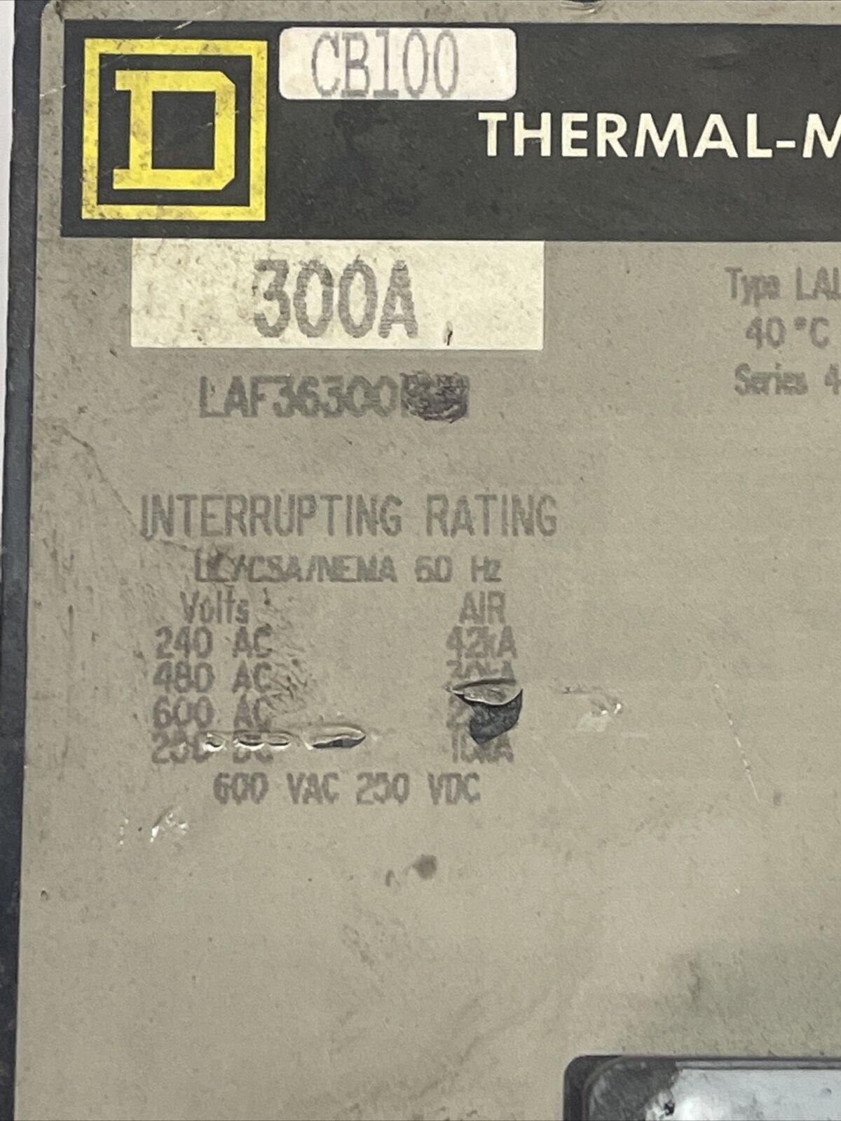 SQUARE D LAF36300 THERMAL-MAGNETIC CIRCUIT BREAKER 300AMP 600VAC 250VDC 3POLE