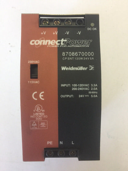 WEIDMULLER 8708670000 POWER SUPPLY INPUT 100-120VAC 200-240VAC OUTPUT 24VDC 5A