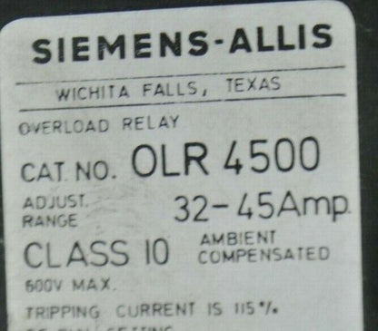 SIEMENS-ALLIS OLR4500 OVERLOAD RELAY 32-45 AMP