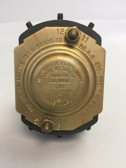 WESTINGHOUSE 505A702G05 TYPE W2 SWITCH 600V 20A ROTARY SWITCH